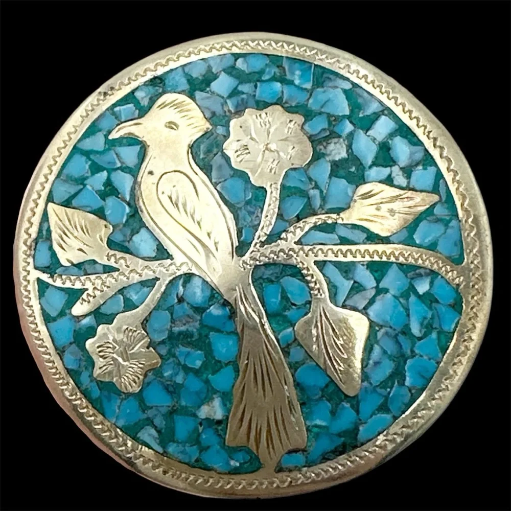 Sterling Silver Turquoise Inlay Vintage Mexico Brooch Pendant 925